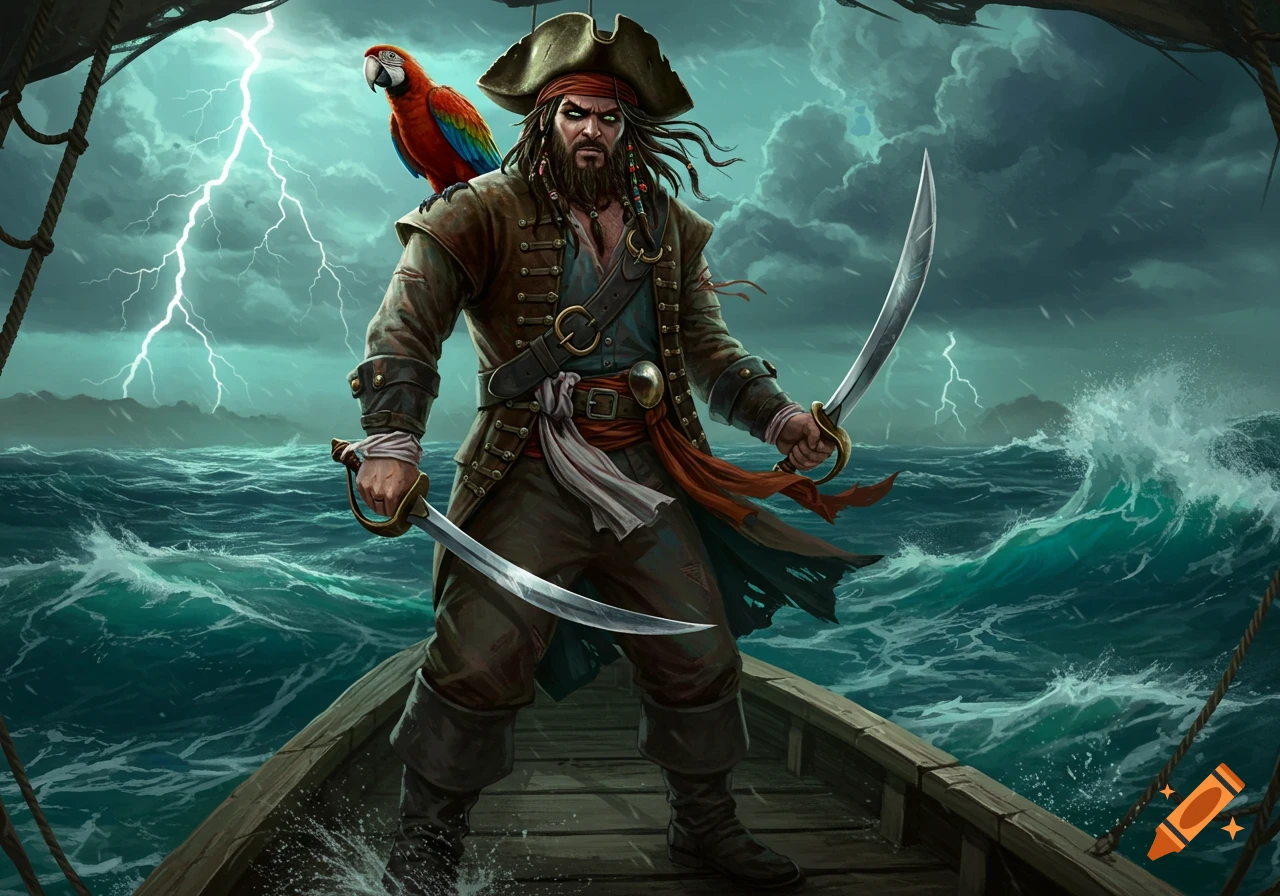 A fierce pirate with a parrot on his shoulder stands on a ship, wielding two cutlasses amidst a stormy sea with lightning.