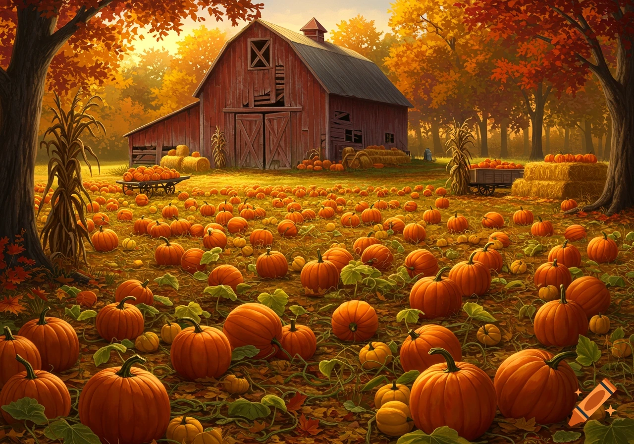 A vibrant autumn pumpkin patch with a red barn, hay bales, and corn stalks under a golden sky.