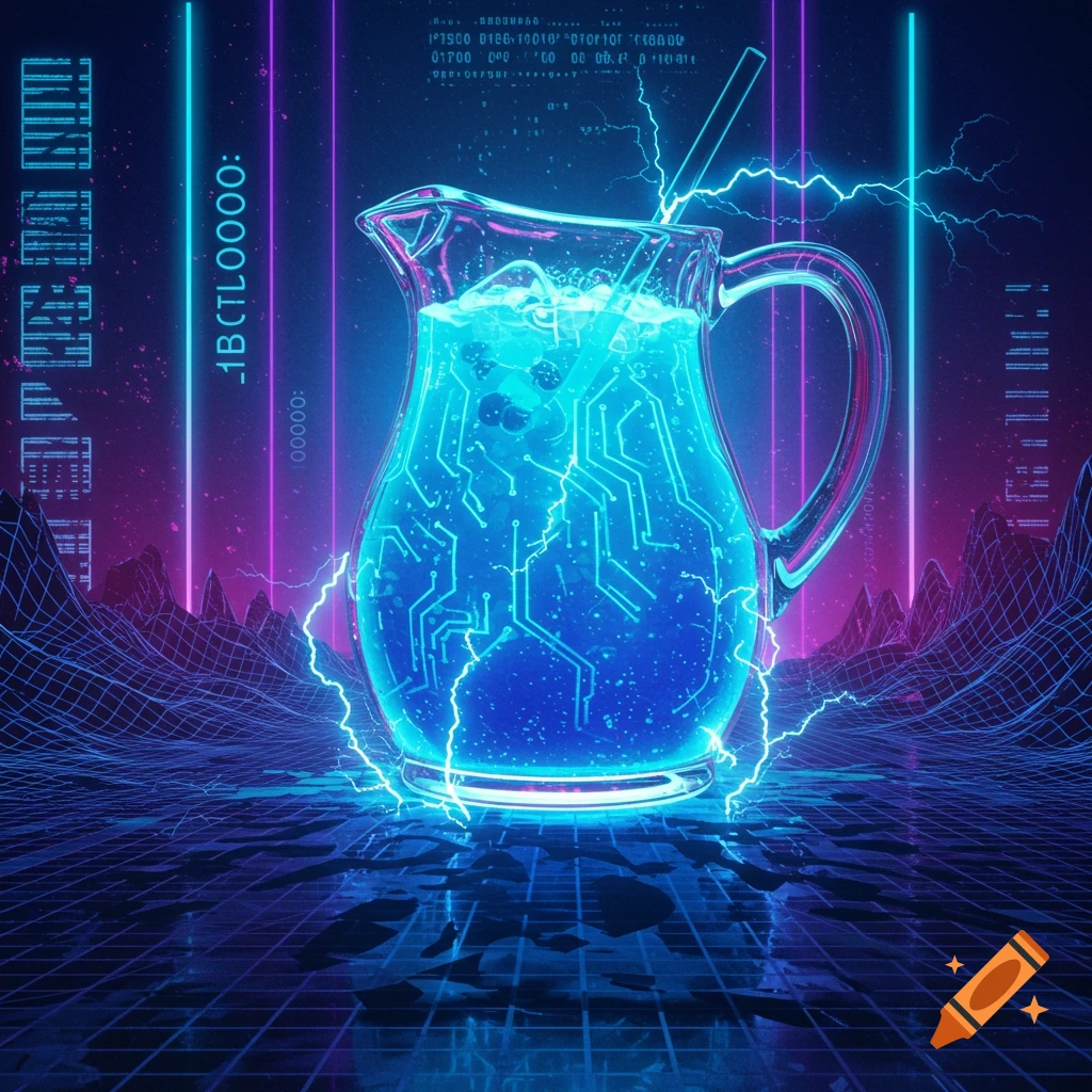 A blue liquid in a glass pitcher with glowing circuit patterns and lightning sits on a futuristic grid landscape under neon lights.