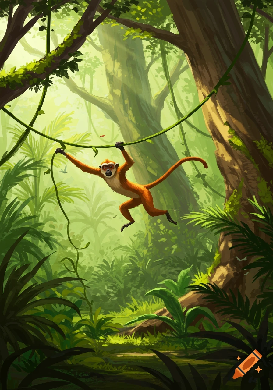 A stylized illustration of a reddish-brown monkey swinging on a vine through a vibrant, lush green jungle.