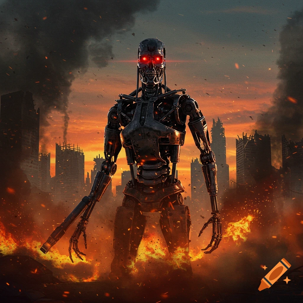 A metallic robot with glowing red eyes stands amidst a burning, ruined city under an orange, smoky sky.