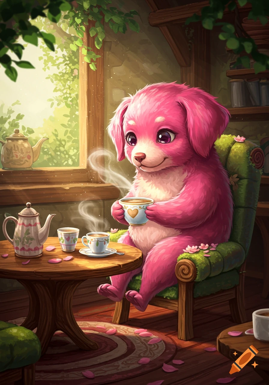 A cute pink dog-like creature sits in an armchair, sipping tea at a wooden table with teapots and fallen petals in a whimsical illustration.