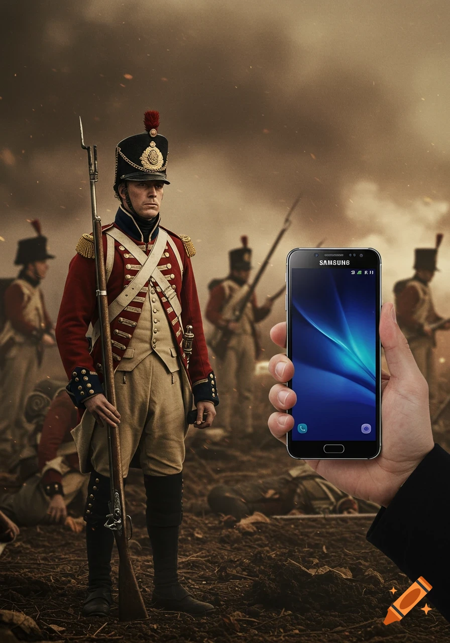 Hyperrealistic image of an 1800s British soldier on a smoky battlefield holding a musket and looking at a modern Samsung smartphone.