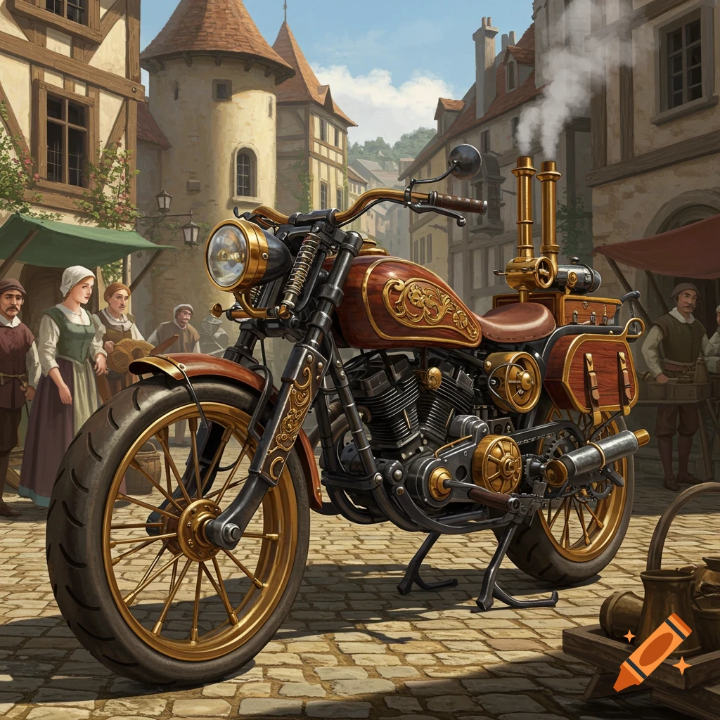A steampunk motorbike with brass and wood accents parked on cobblestones in a bustling medieval town square.