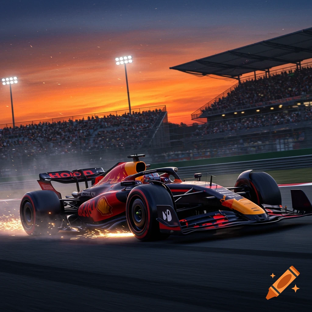 A photorealistic red and black Formula 1 car races on a track at sunset, with sparks flying from its wheels.