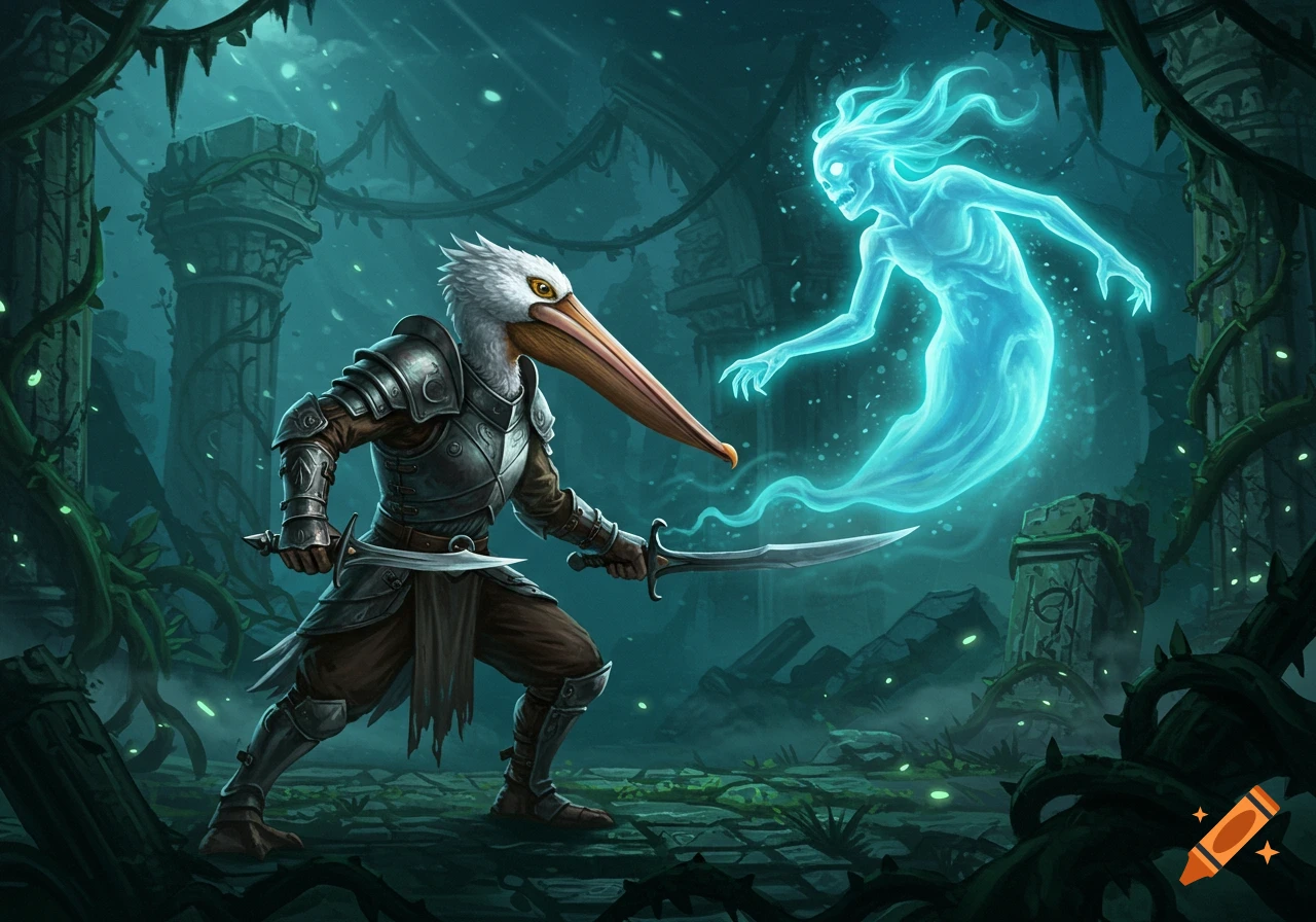 A pelican-headed knight in armor fights a glowing blue ghost in dark, overgrown fantasy ruins, holding two swords.