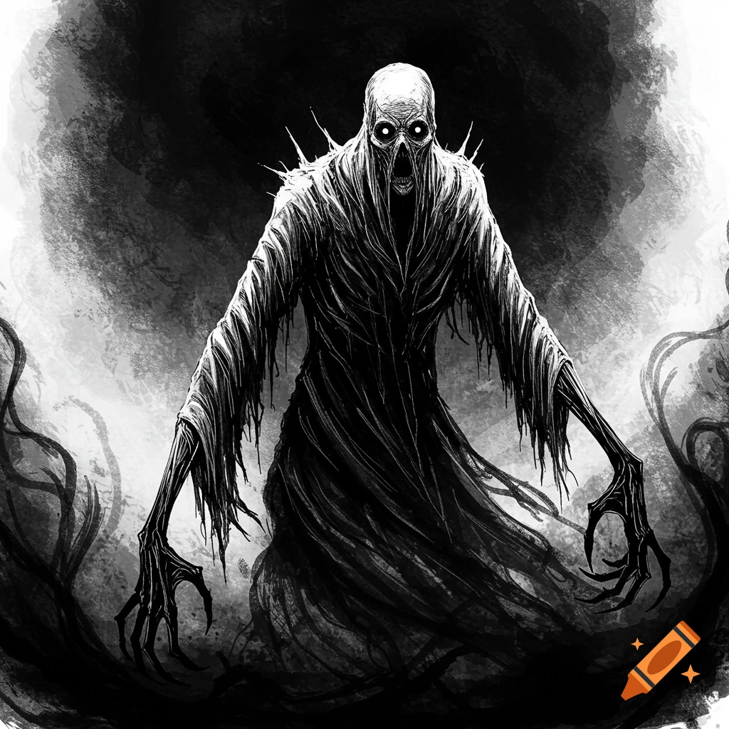 A terrifying skeletal monster with glowing eyes, sharp claws, and tattered robes emerges from dark mist in a black and white illustration.