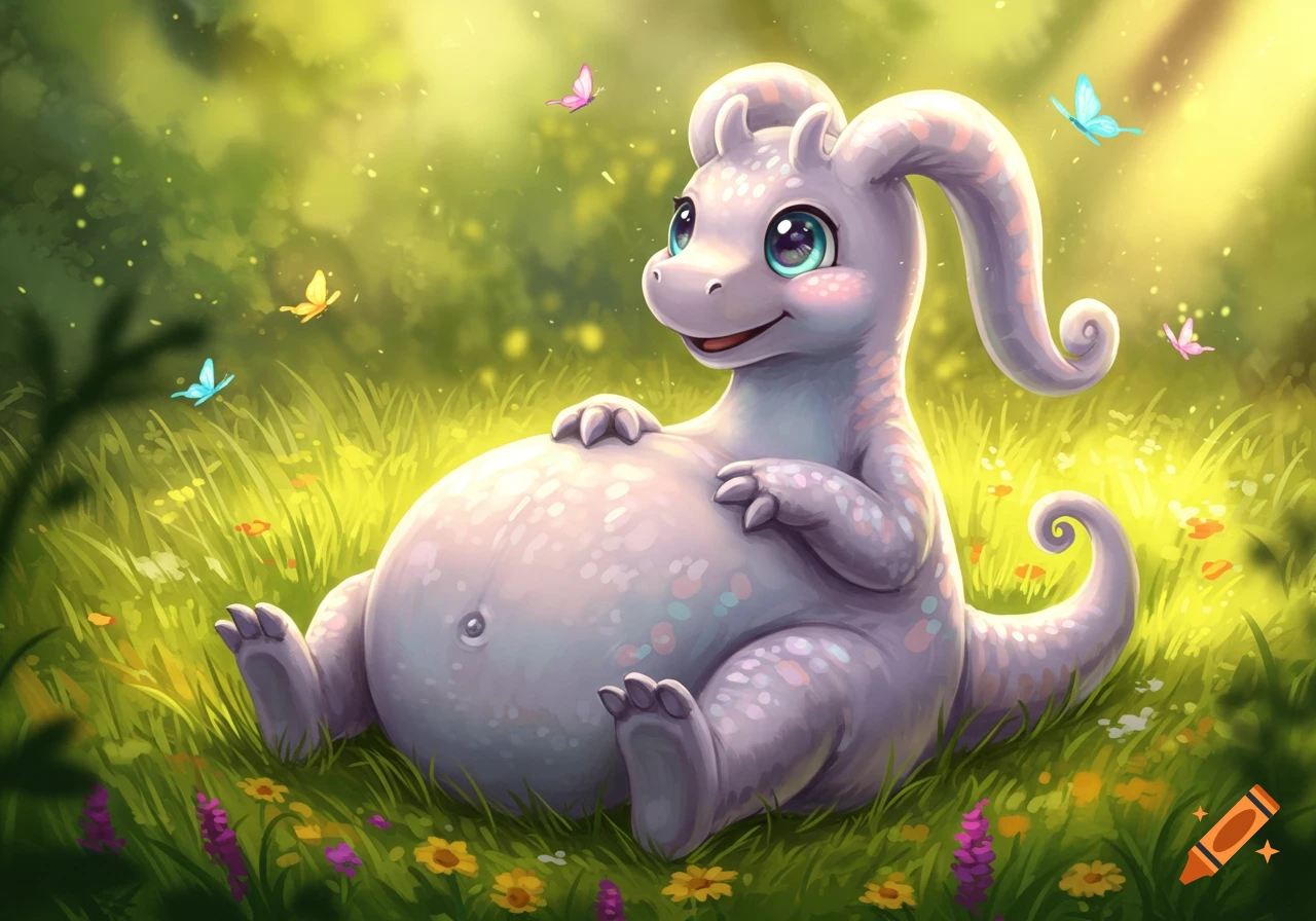 A cute, purple Goodra with a round belly sits in a sunny green field with flowers and butterflies, cartoon illustration.