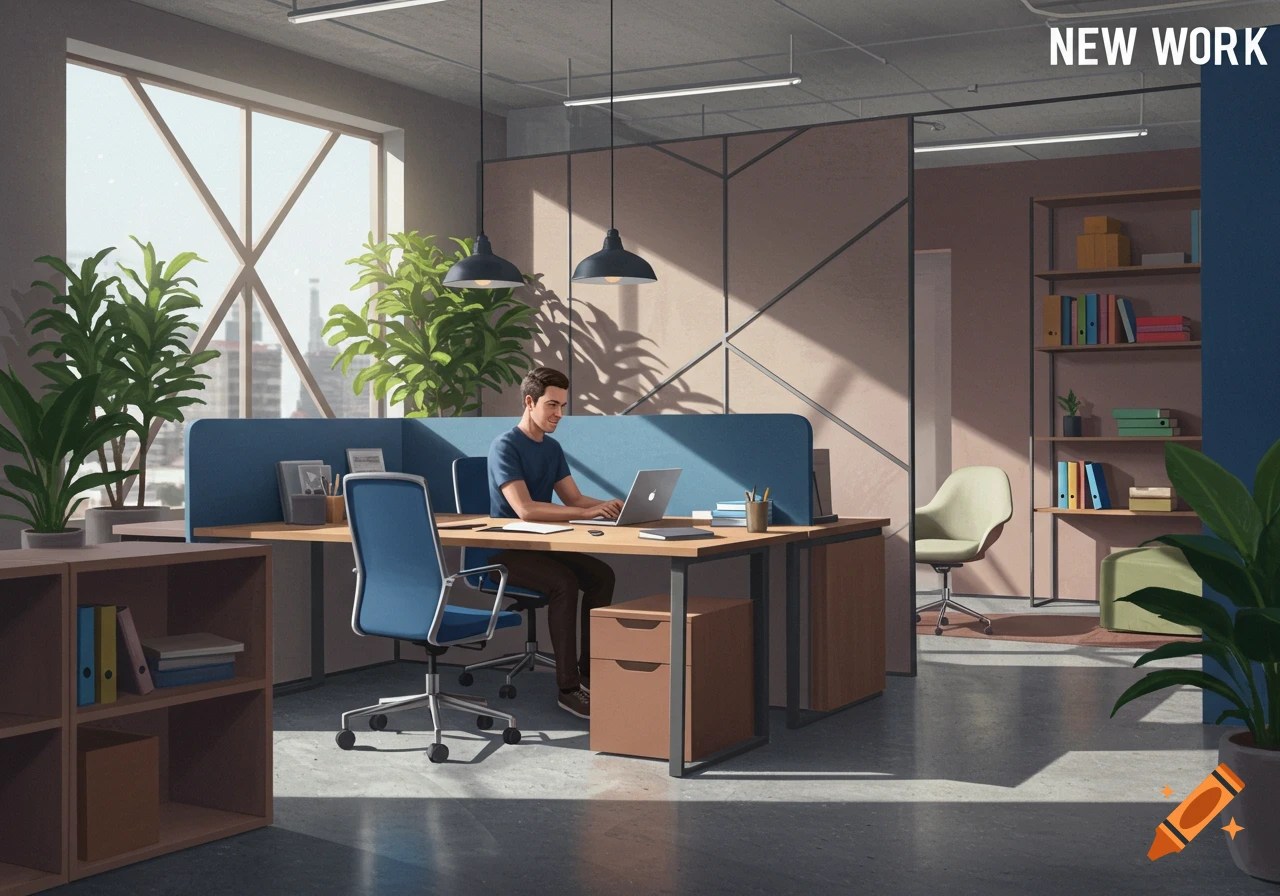 A man works on a laptop at a desk in a modern office with plants, windows, and shelves, in an illustrative style.