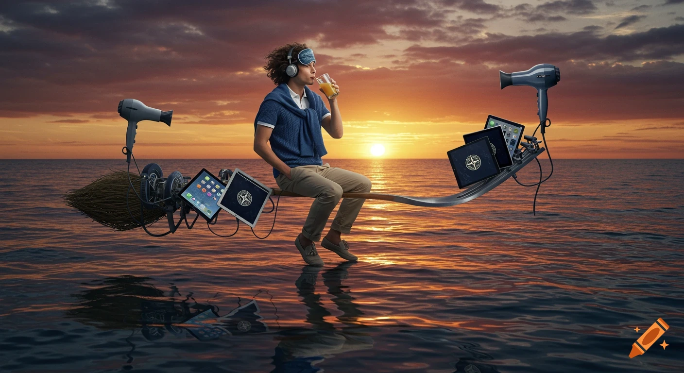 A man flies on a giant fork and broom propelled by hairdryers over the ocean at sunset, holding juice with iPads.