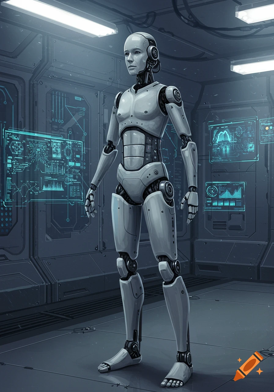 A sleek gray humanoid robot stands in a futuristic room with glowing blue holographic screens on the walls.