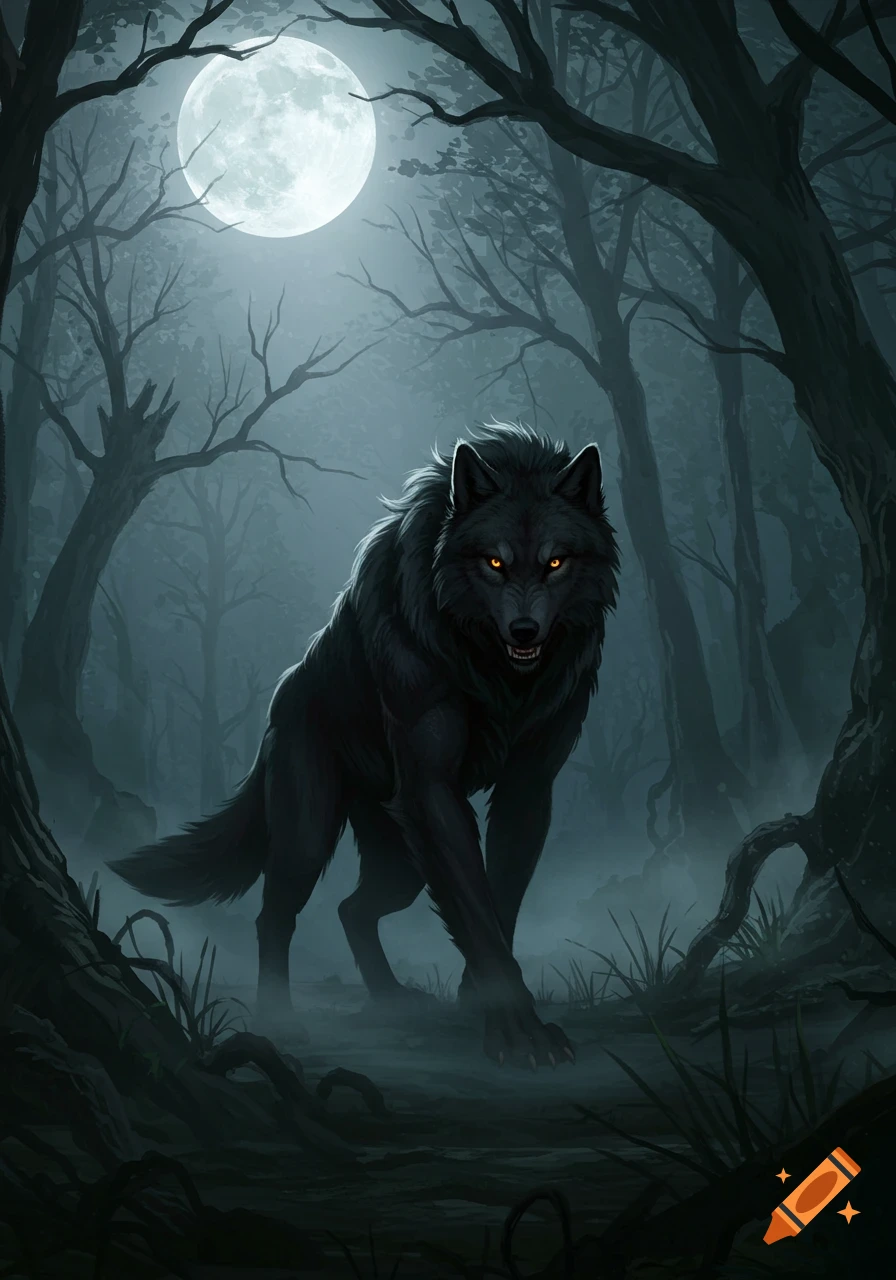 A black wolf with glowing orange eyes stalks through a dark, misty forest under a full moon, looking forward. Digital painting style.