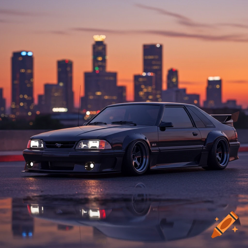 A black wide-body Foxbody Mustang parked on a wet street, reflecting a city skyline at sunset.