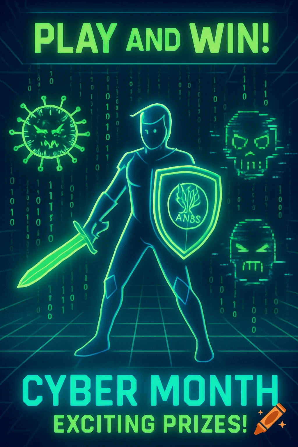 Neon digital illustration of a cyber hero with a glowing sword and shield, binary code background. Text: PLAY AND WIN! CYBER MONTH!