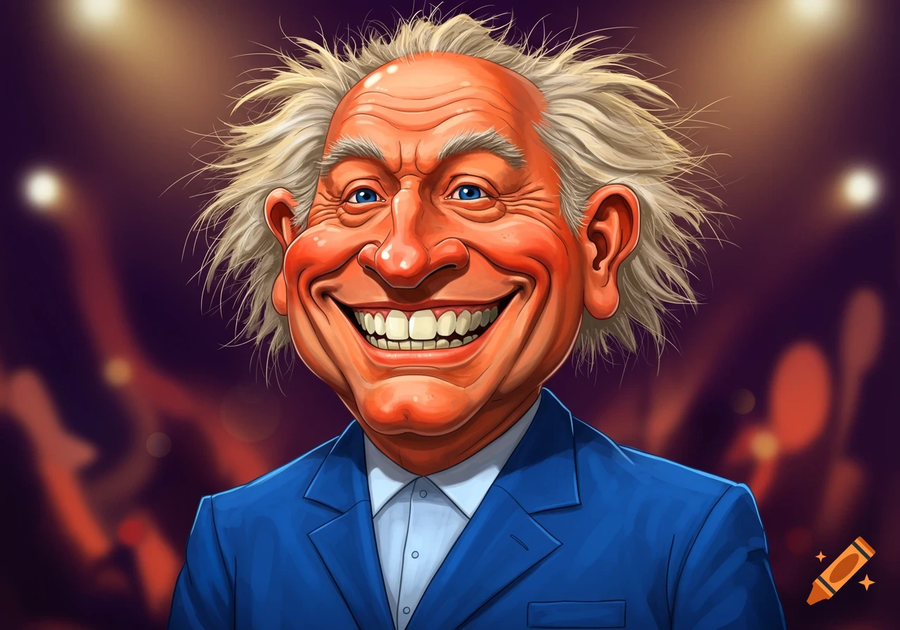 Caricature of an older man with orange skin, messy white hair, and a blue suit, smiling widely against a blurry lit background.