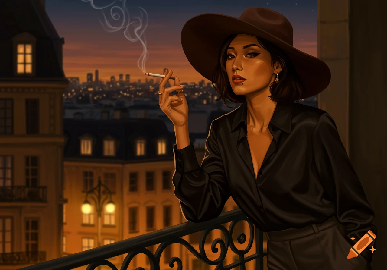 A stylish woman in a wide-brimmed hat and black shirt smokes on a balcony overlooking a city at dusk, digital art.