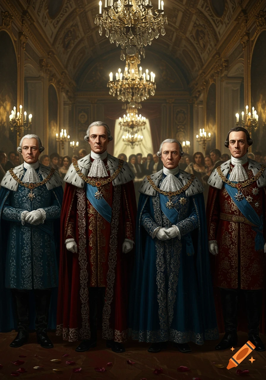 Four noblemen in elaborate 18th-century robes with powdered wigs stand in an opulent palace hall.