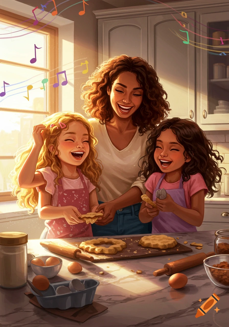 A joyful mother and her two daughters, one blonde and one brunette, laugh as they bake in a sunny kitchen, with musical notes. Stylized illustration.