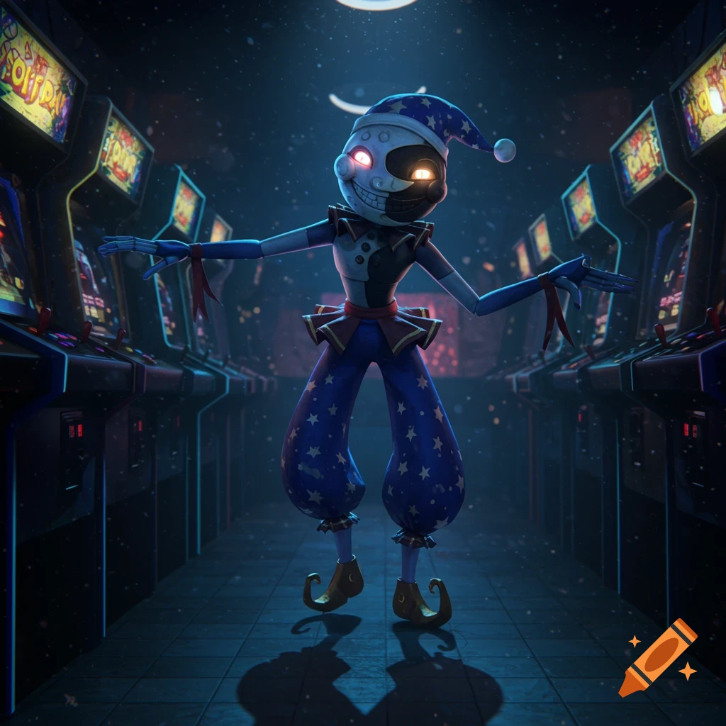 Moondrop, a jester-like character with a half-moon, half-sun face, stands in a dark arcade among glowing machines.