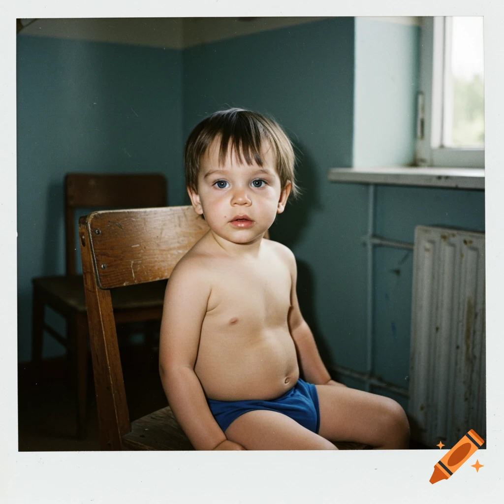 A young boy with dark hair and blue eyes sits shirtless in blue briefs on a wooden chair, captured in a 1990s Polaroid photo.