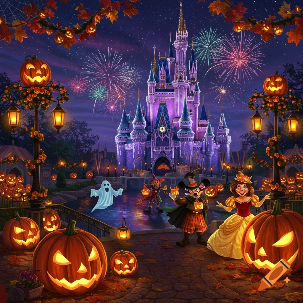 An illustrated nighttime Halloween scene at a Disney-like castle with fireworks, glowing jack-o'-lanterns, and costumed characters.