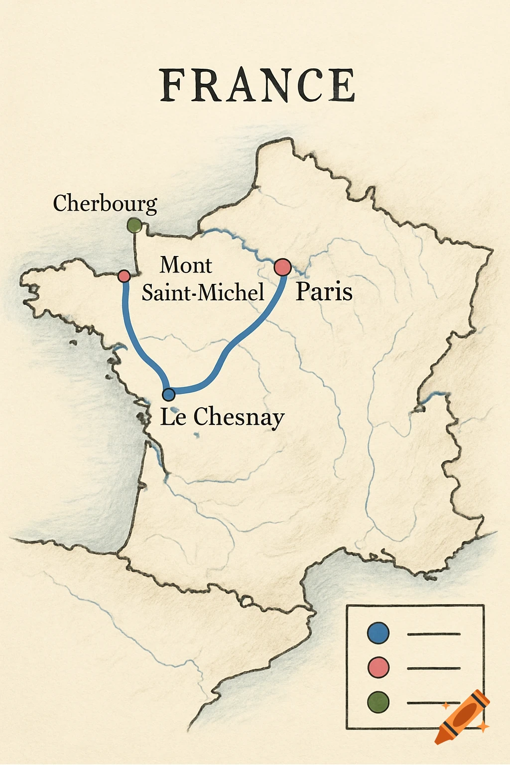 A hand-drawn school-style map of France with a beige background. It highlights Cherbourg, Mont Saint-Michel, Le Chesnay, and Paris. A blue line connects Le Chesnay to Mont Saint-Michel. There is an incomplete legend in the bottom right.