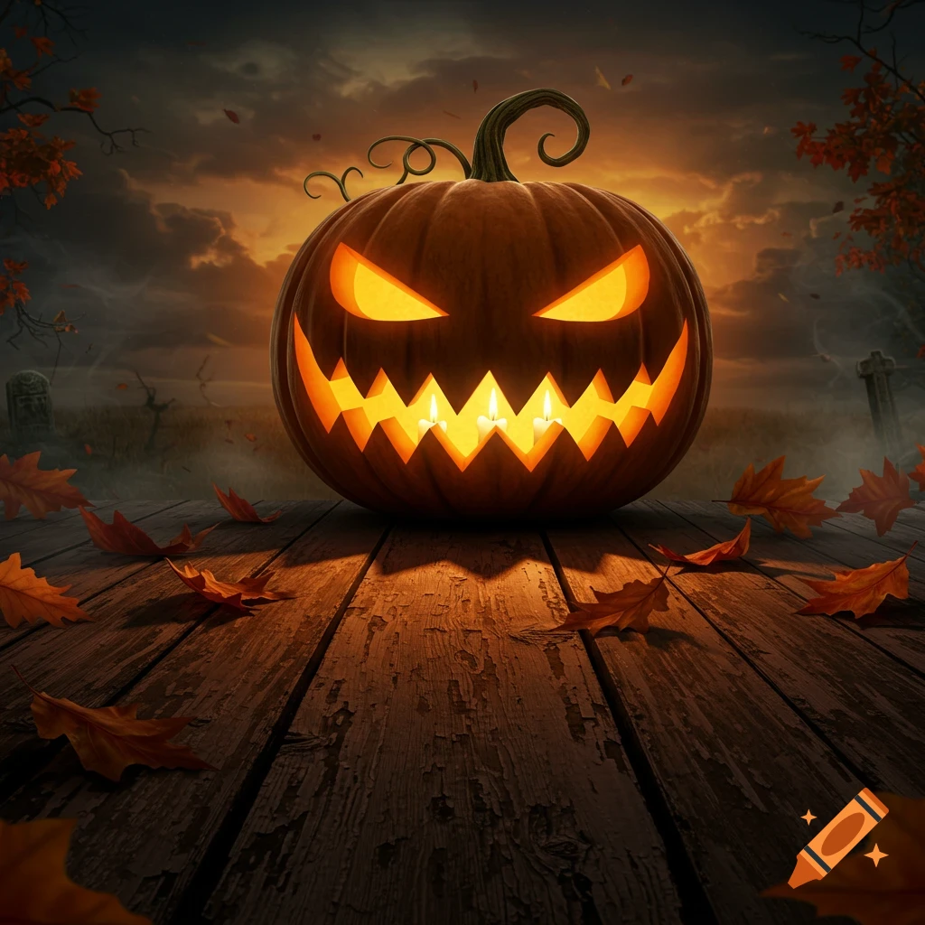 A glowing, carved jack-o'-lantern sits on weathered wooden planks, surrounded by autumn leaves, under a spooky, cloudy sunset sky with distant gravestones.