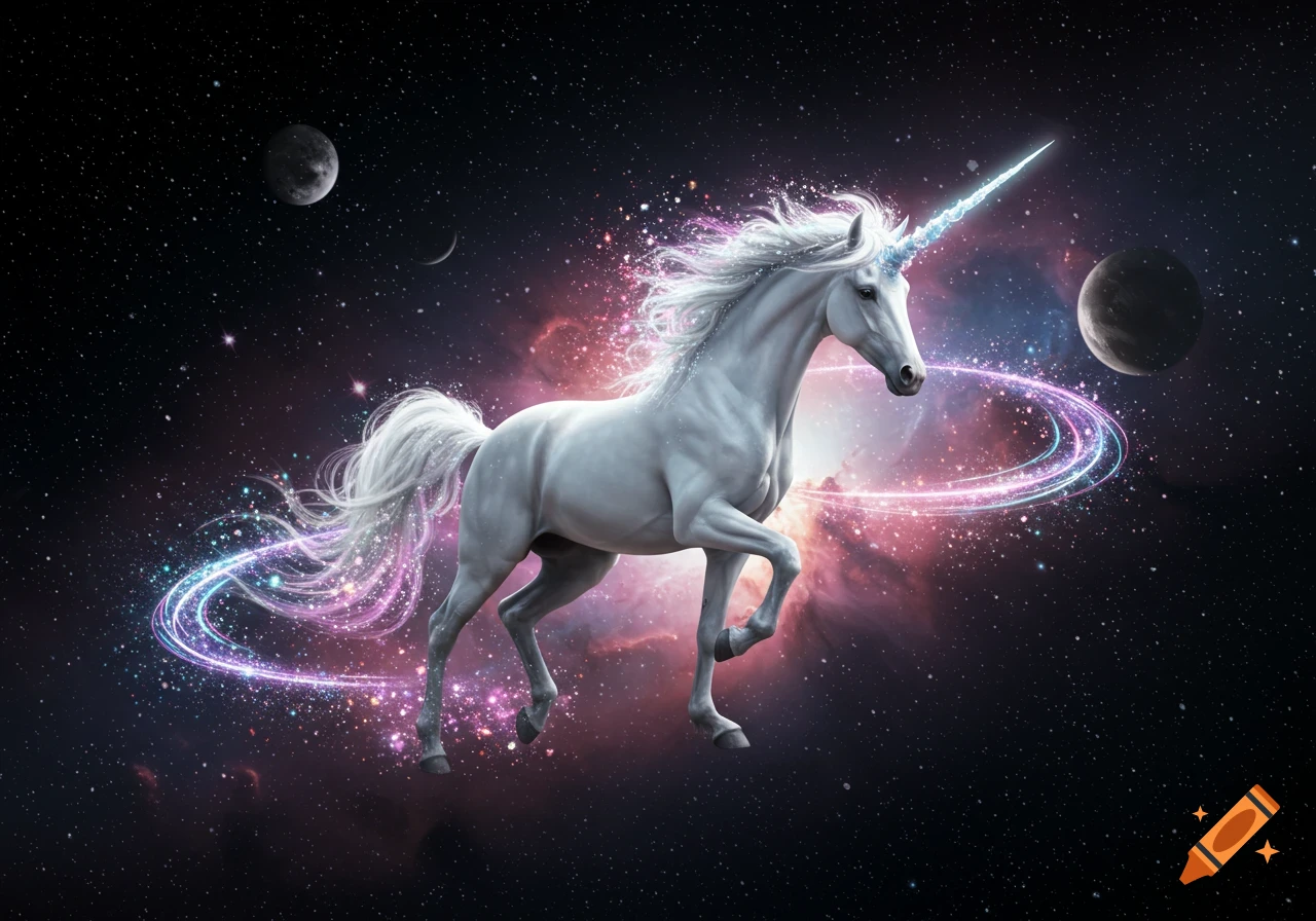 A majestic white unicorn with a glowing horn and flowing, sparkling mane and tail, stands in a vibrant starry cosmic background with planets and nebulae.