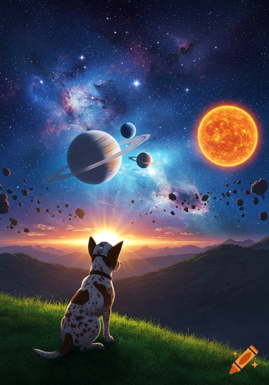 A spotted dog wearing a small cap sits on a grassy hill, gazing at a vibrant cosmic sky with planets, a sun, and a nebula over a mountainous landscape at sunrise.