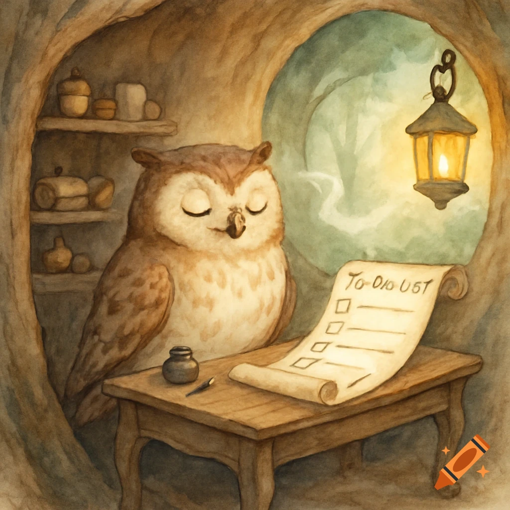 A relaxed watercolor owl sits at a desk in a tree hollow, looking at a to-do list with a glowing lantern nearby.