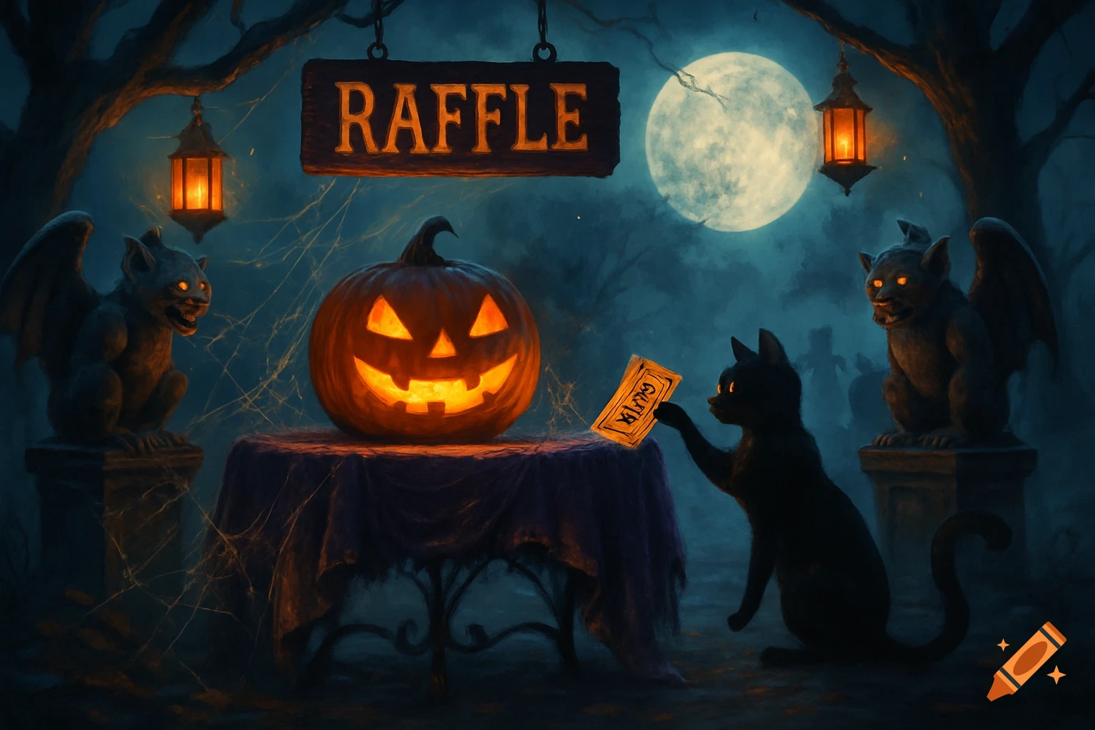 A black cat holds a raffle ticket next to a glowing jack-o'-lantern on a draped table, flanked by two gargoyles under a full moon and a 'RAFFLE' sign, in a spooky Halloween setting.