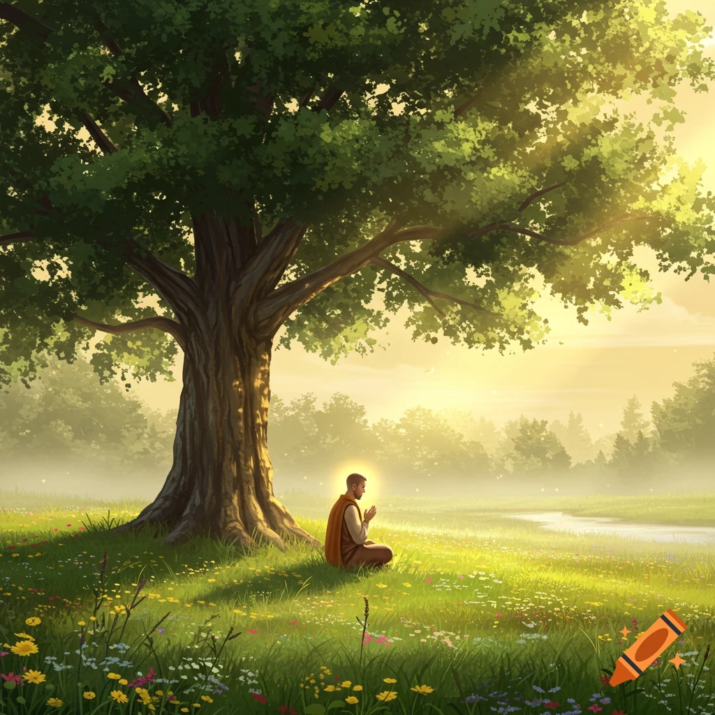 A person with a halo meditates under a large tree in a sun-drenched, wildflower-filled meadow by a river in an illustrative style.