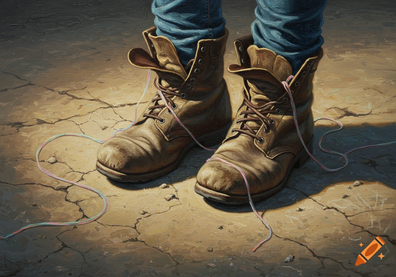 Oil painting of worn brown leather boots and blue jeans standing on cracked ground, with colorful threads tangled around the boots.