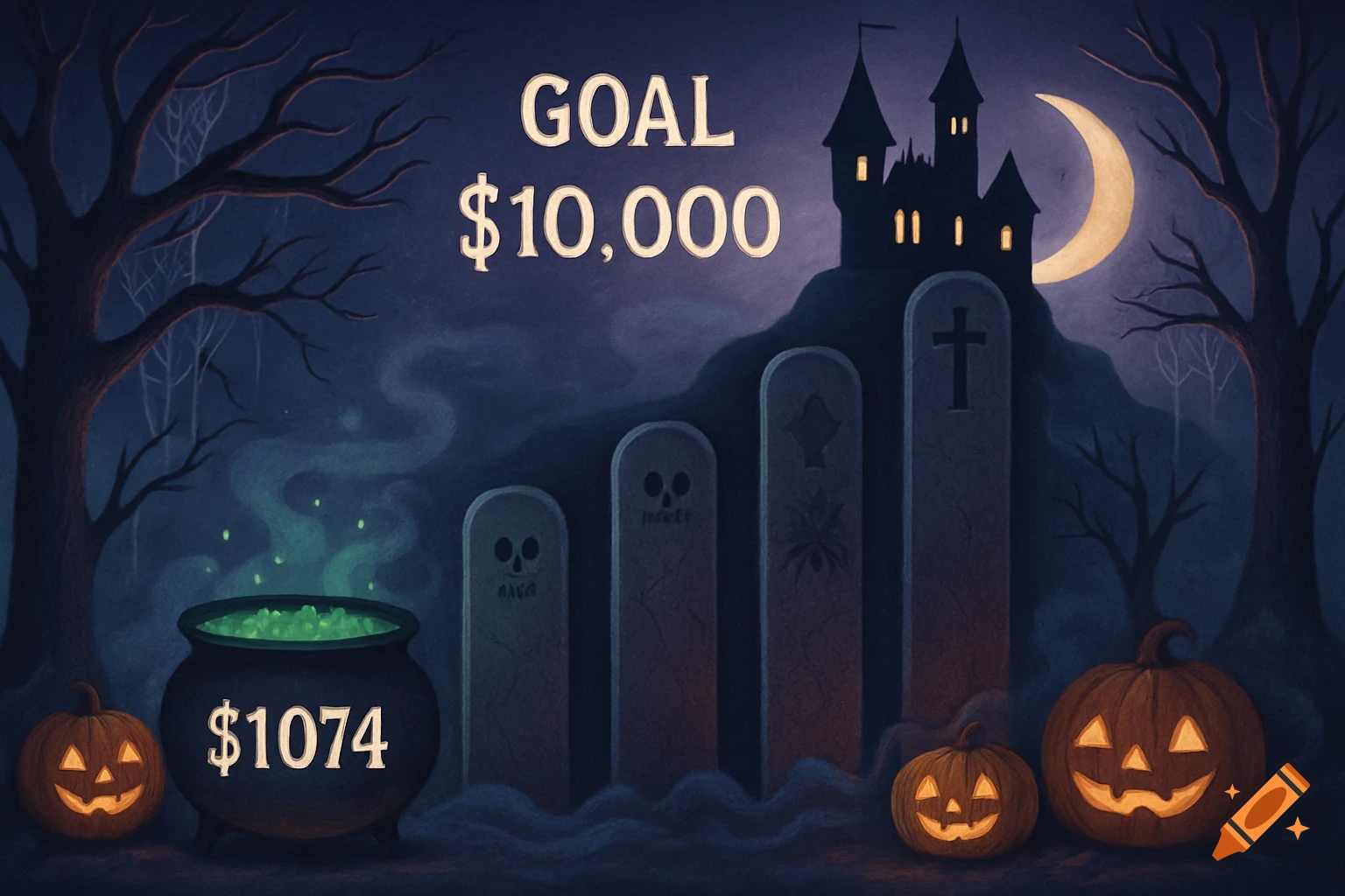 A Halloween-themed donation bar with a spooky castle, gravestones, and jack-o'-lanterns. Text shows 'GOAL $10,000' and '$1074' on a bubbling cauldron.