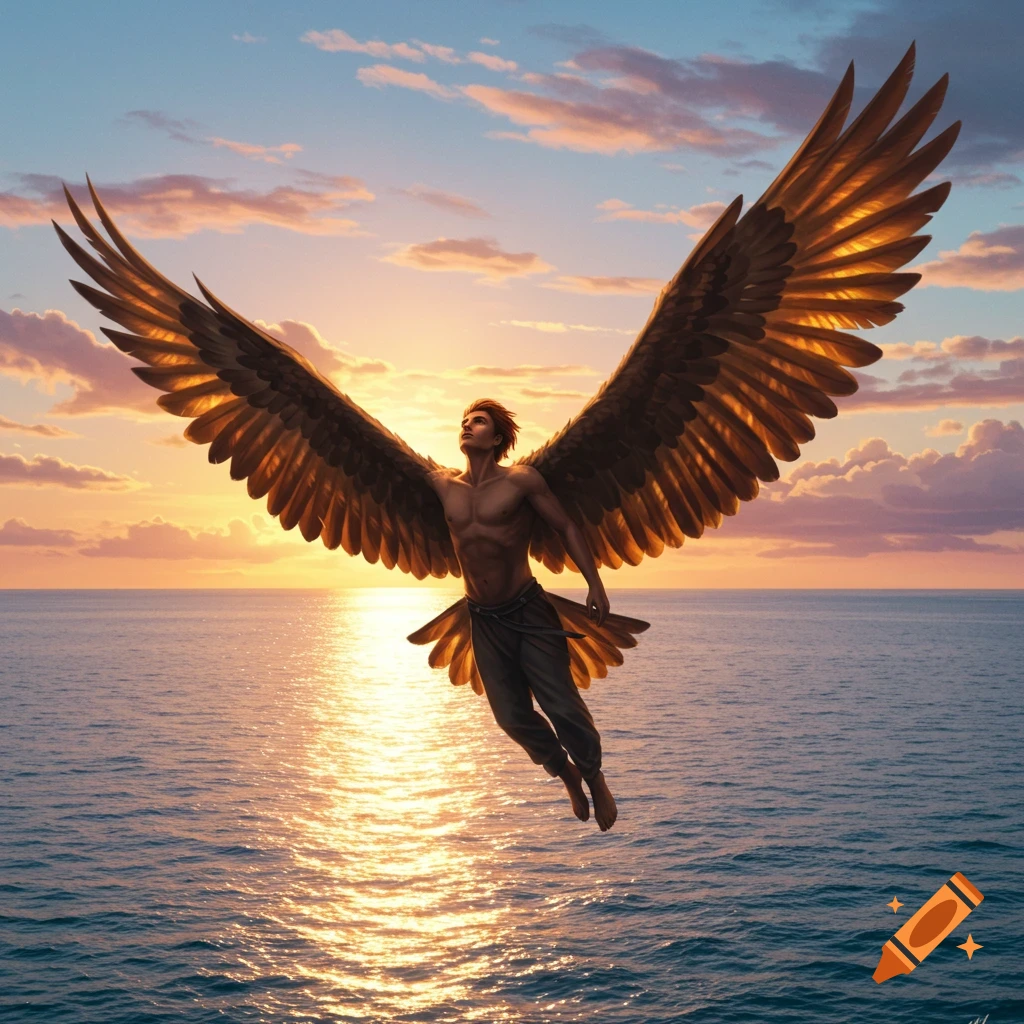 A winged man soars over the ocean at sunset, vast eagle wings spread, illuminated by the golden light.