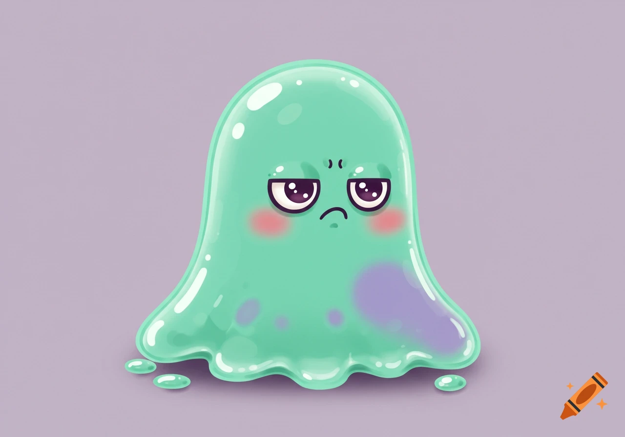 A cute, grumpy-looking mint green jelly creature with big eyes and rosy cheeks, digitally illustrated.