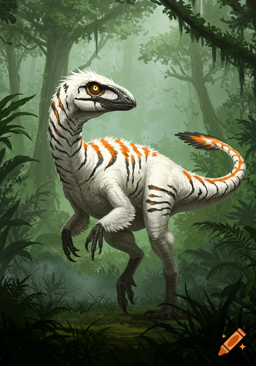 An illustrated white feathered dinosaur with black and orange stripes and yellow eyes stands in a lush green jungle.
