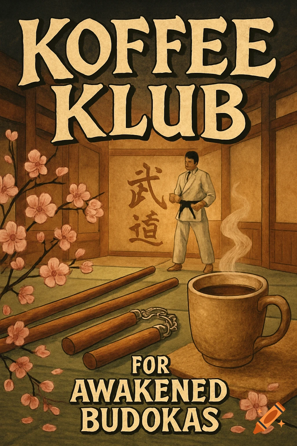 Vintage-style poster for "Koffee Klub" featuring a martial artist in a dojo, a steaming coffee cup, nunchucks, and cherry blossoms, with Japanese calligraphy.