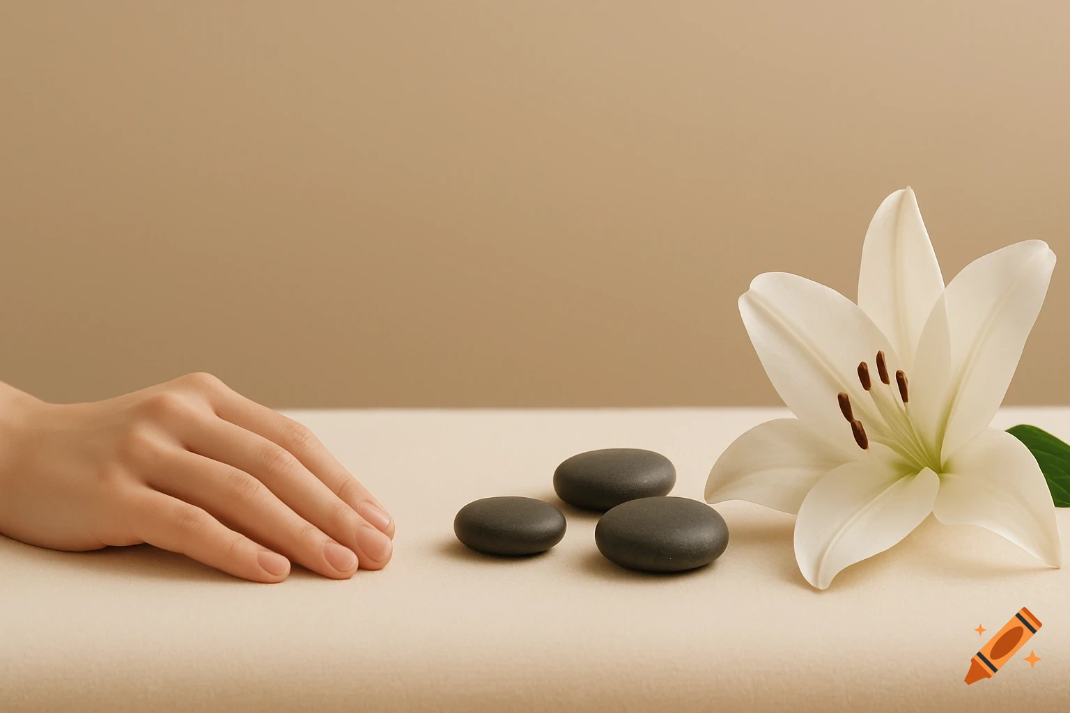 A hand, three dark spa stones, and a white lily with brown stamens on a light beige surface with a tan background.