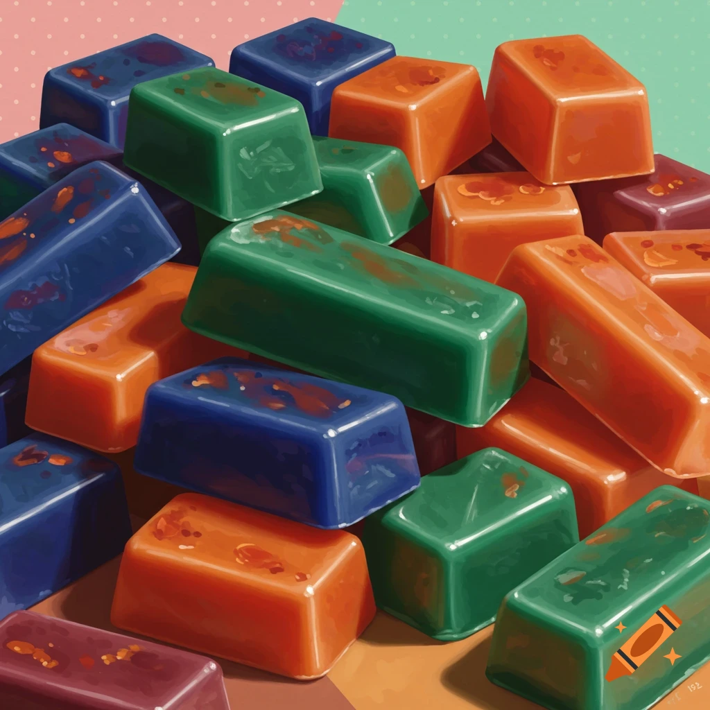 A colorful pile of blue, green, orange, and maroon wax melts on a pink and green polka-dot background, in an illustrative style.