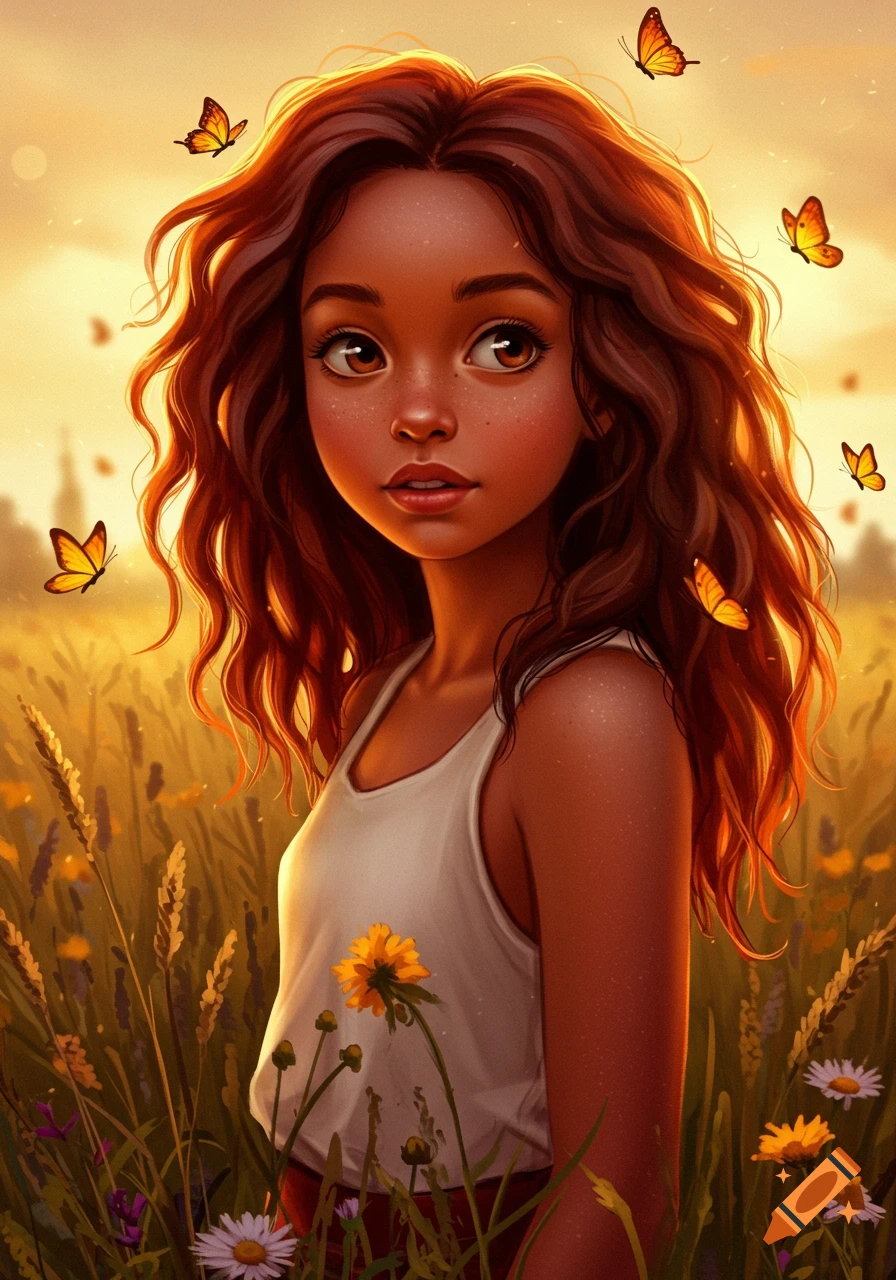 Stylized illustration of a young girl with long reddish-brown hair and freckles, standing in a sunny field with butterflies.