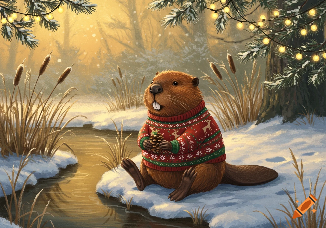 An adorable illustrated beaver in a red Christmas sweater holding a pinecone, sitting in a snowy winter forest with festive lights.