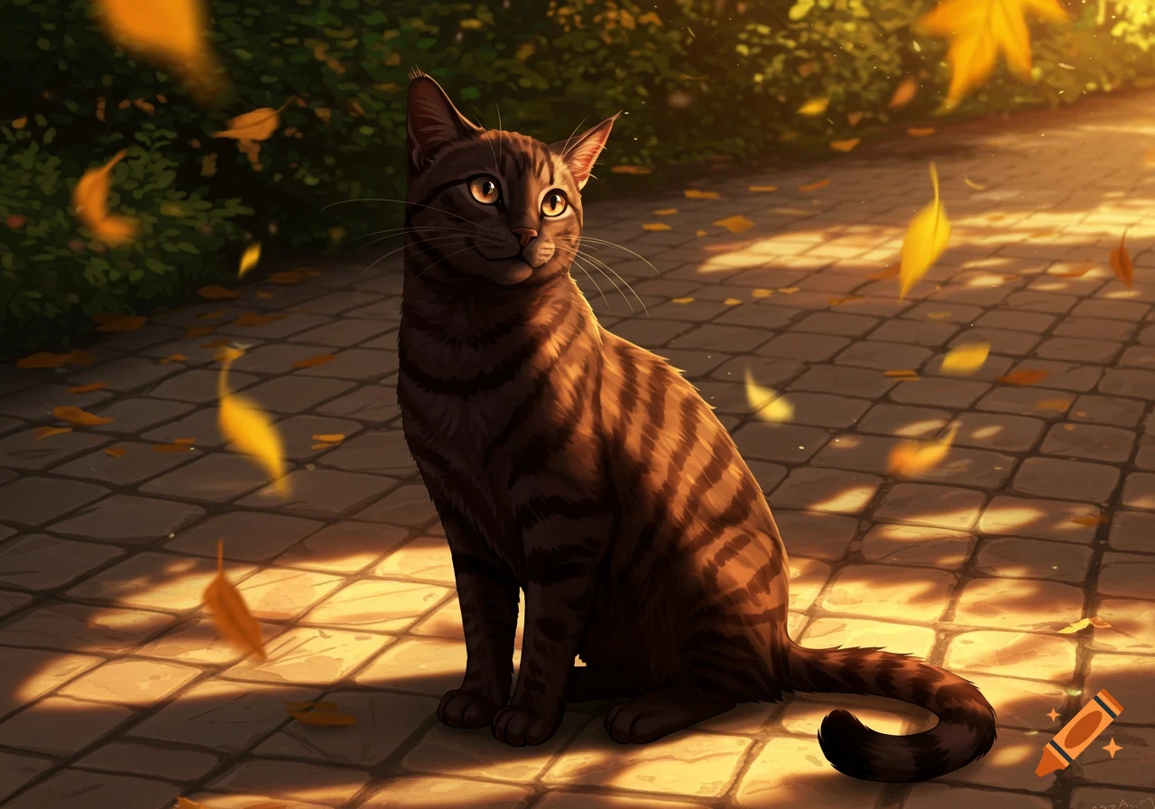 A brown tabby cat sits on a sunlit tiled path with golden autumn leaves falling, in an illustration style.