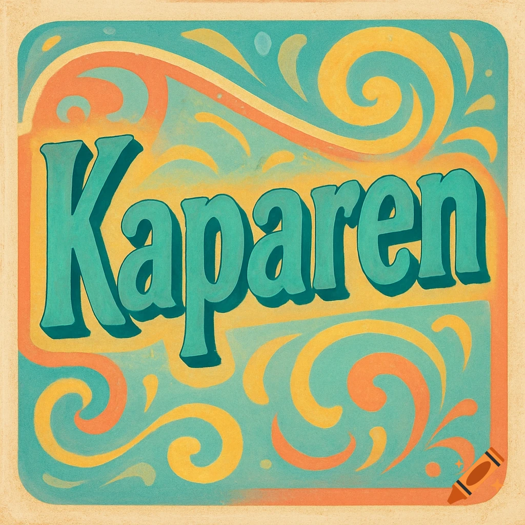 A retro hand-painted sign from the sixties with the name 'Kaparen' in teal lettering on a teal, yellow, and orange background.