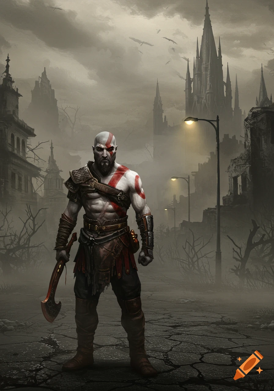 Kratos from God of War stands in a foggy, ruined gothic city, holding a blood-red axe.