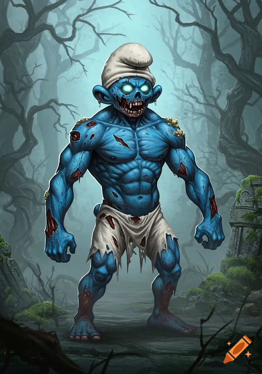 A muscular zombie Smurf with glowing eyes and torn skin stands in a foggy, dark forest with dead trees and ancient ruins.