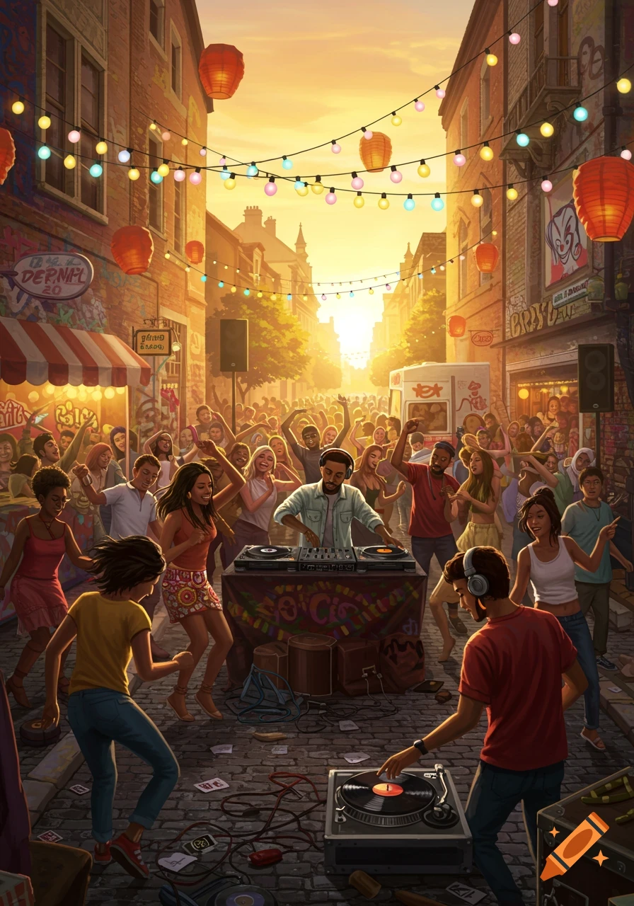 A vibrant street block party with diverse people dancing to a DJ at sunset, colorful string lights and lanterns overhead.
