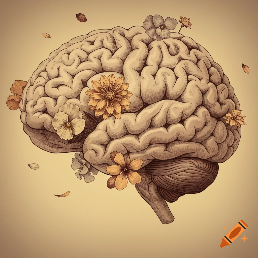 A vintage-style illustration of a human brain with various flowers growing on and around it, on a light brown background.