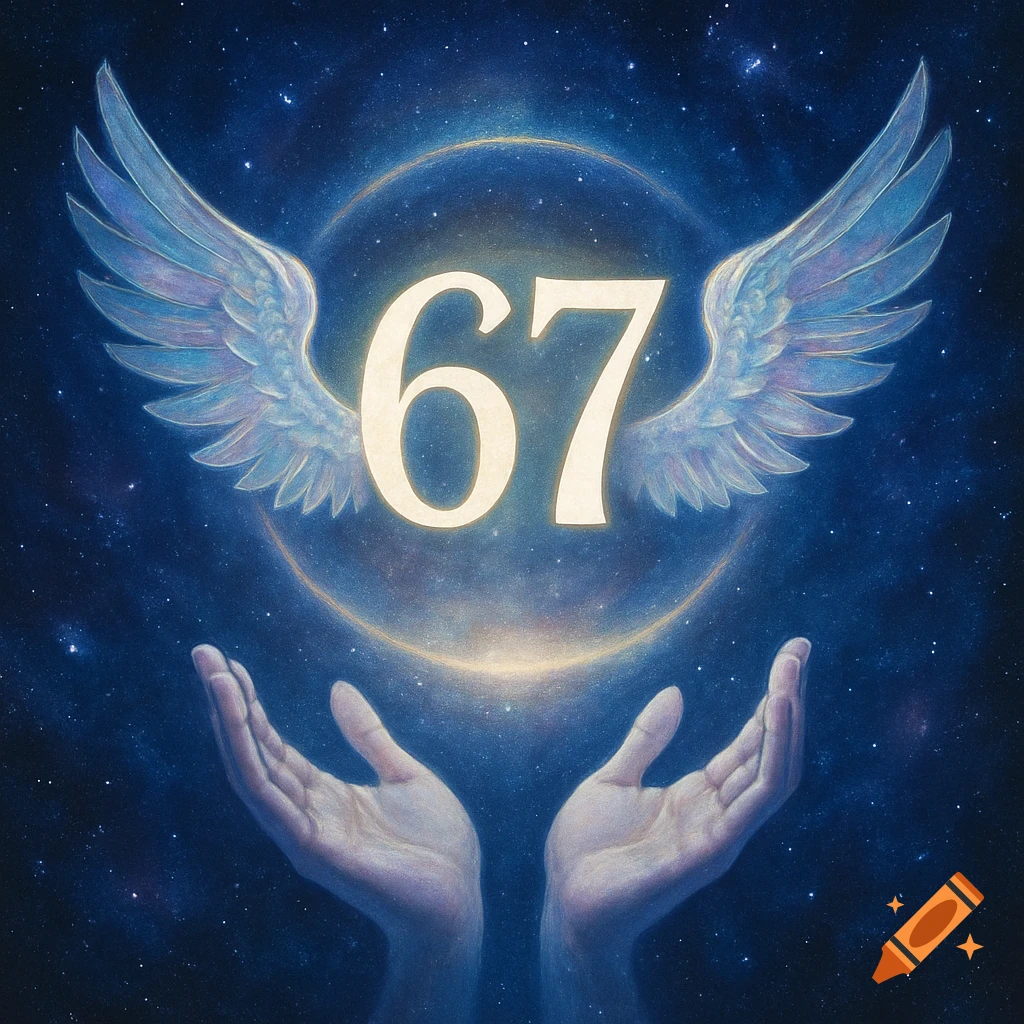 A glowing number 67 with feathered wings within a light orb, held by two upward-facing hands against a starry cosmic background.