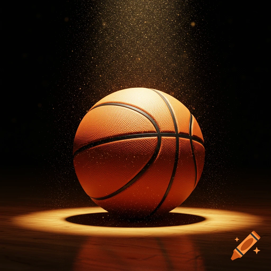 A photorealistic basketball is brightly lit on a wooden court, surrounded by sparkling particles.